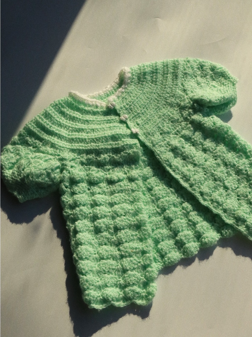 Vintage | Baby Girl Infant Crochet Cardigan - Mint Green with Puppy Buttons